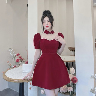 Váy nhung phối lưới chấm bi cổ bẻ