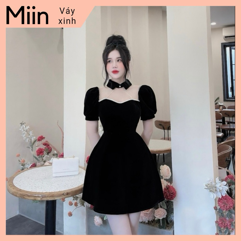 Váy nhung phối lưới chấm bi cổ bẻ