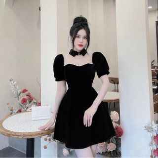 Váy nhung phối lưới chấm bi cổ bẻ
