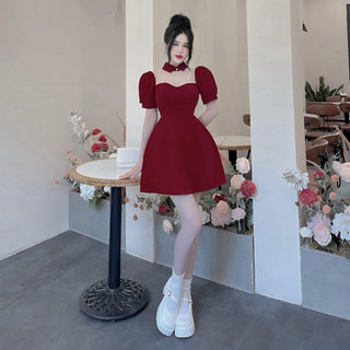 Váy nhung phối lưới chấm bi cổ bẻ
