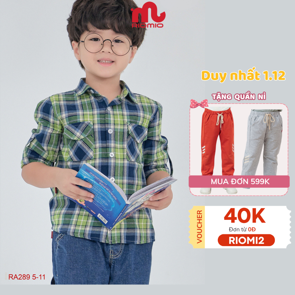 Áo sơ mi bé trai Riomio áo sơ mi kẻ dài tay 20-50kg cho bé đi học, chất thô Hàn mềm cho bé 5 đến 12 tuổi RA289