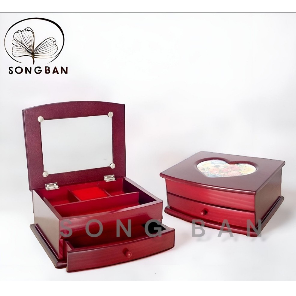 Hộp Nữ Trang Gỗ Trái Tim Có Gương 23.5x18 cm - Hàng VN Xuất Khẩu