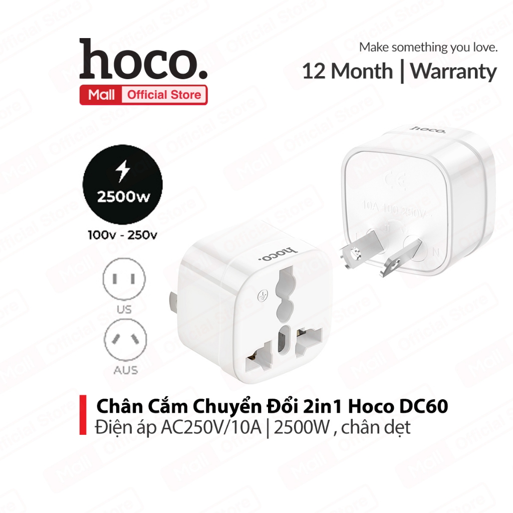 Chân Cắm Chuyển Đổi 2in1 Hoco DC60 AC250V 10A | 2500W , chuyển đổi 3 chấu sang 2 chấu , nhỏ gọn tiện lợi khi đi du lịch