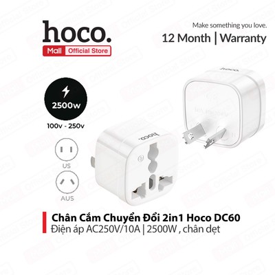 Chân Cắm Chuyển Đổi 2in1 Hoco DC60 AC250V 10A | 2500W , chuyển đổi 3 chấu sang 2 chấu , nhỏ gọn tiện lợi khi đi du lịch
