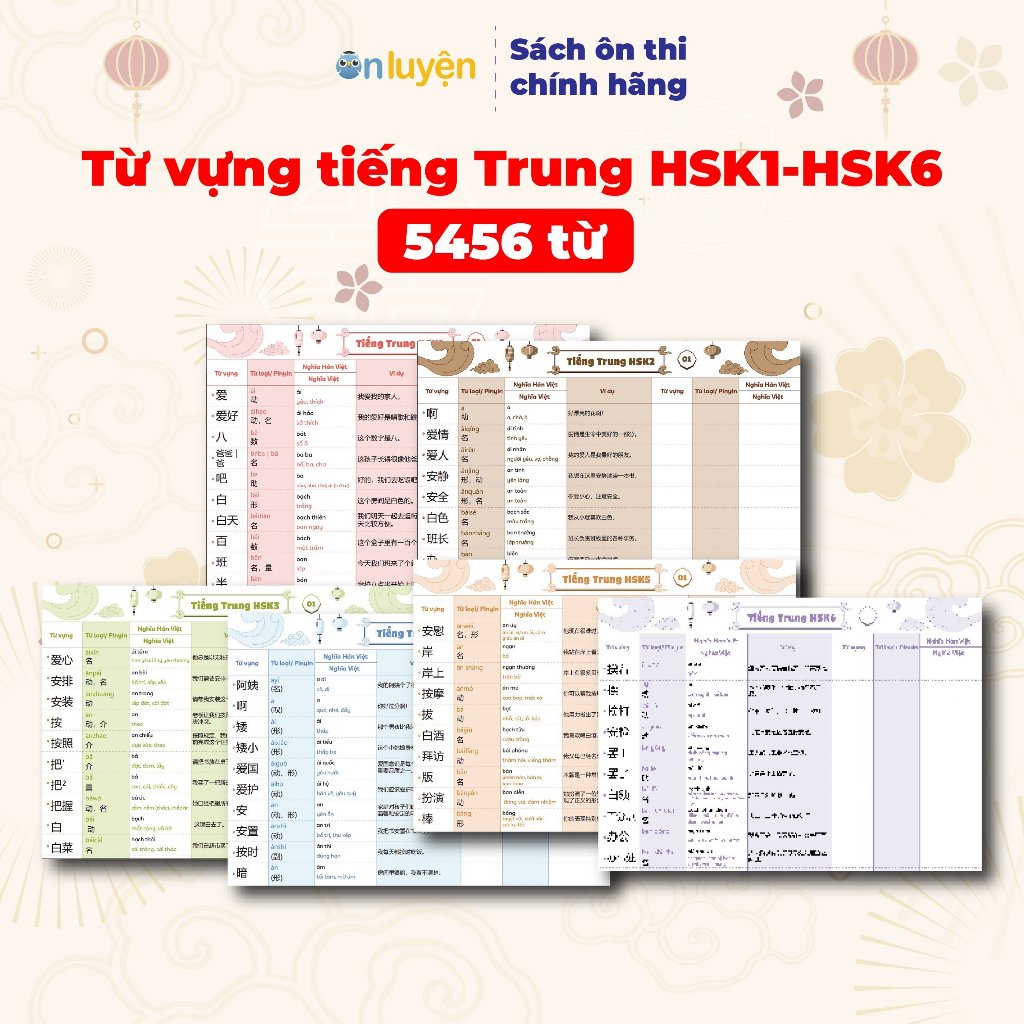 Combo HSK1- HSK6 Takenote từ vựng Tiếng Trung (5456 từ, có đủ từ loại, nghĩa, pinyin, ô luyện viết, ví dụ đi kèm)