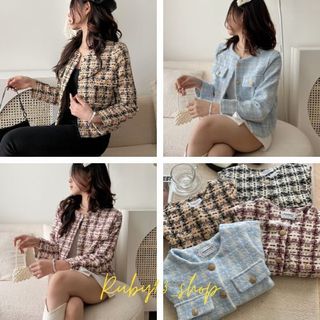 Áo khoác dạ tweed len đan cổ tròn 2 lớp vải dày dặn, áo dạ kẻ caro 2 lớp 4 màu cực tây