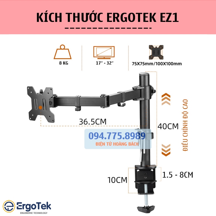 COMBO ErgoTek EZ1 + EP10  - Giá Đỡ, Kẹp Latop - Máy Tính Bảng 10 - 21 Inch / Kẹp Thành Bàn