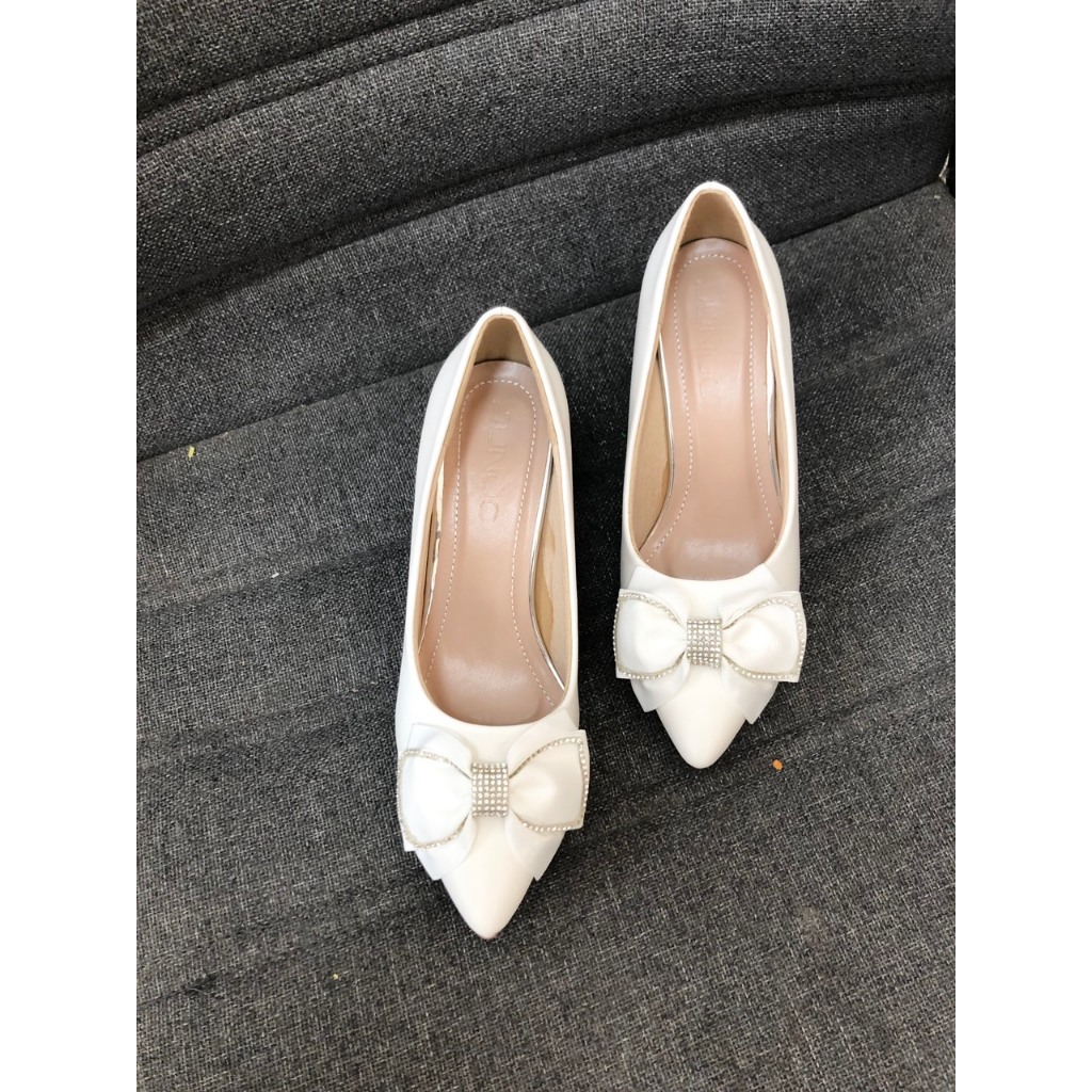 Giày cao gót nữ 5cm mũi nhọn có nơ lụa kiểu dáng tiểu thư đế cao su non mềm êm chân