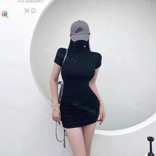 đầm cổ cao tay ngắn chất thun bozip xinh tôn dáng