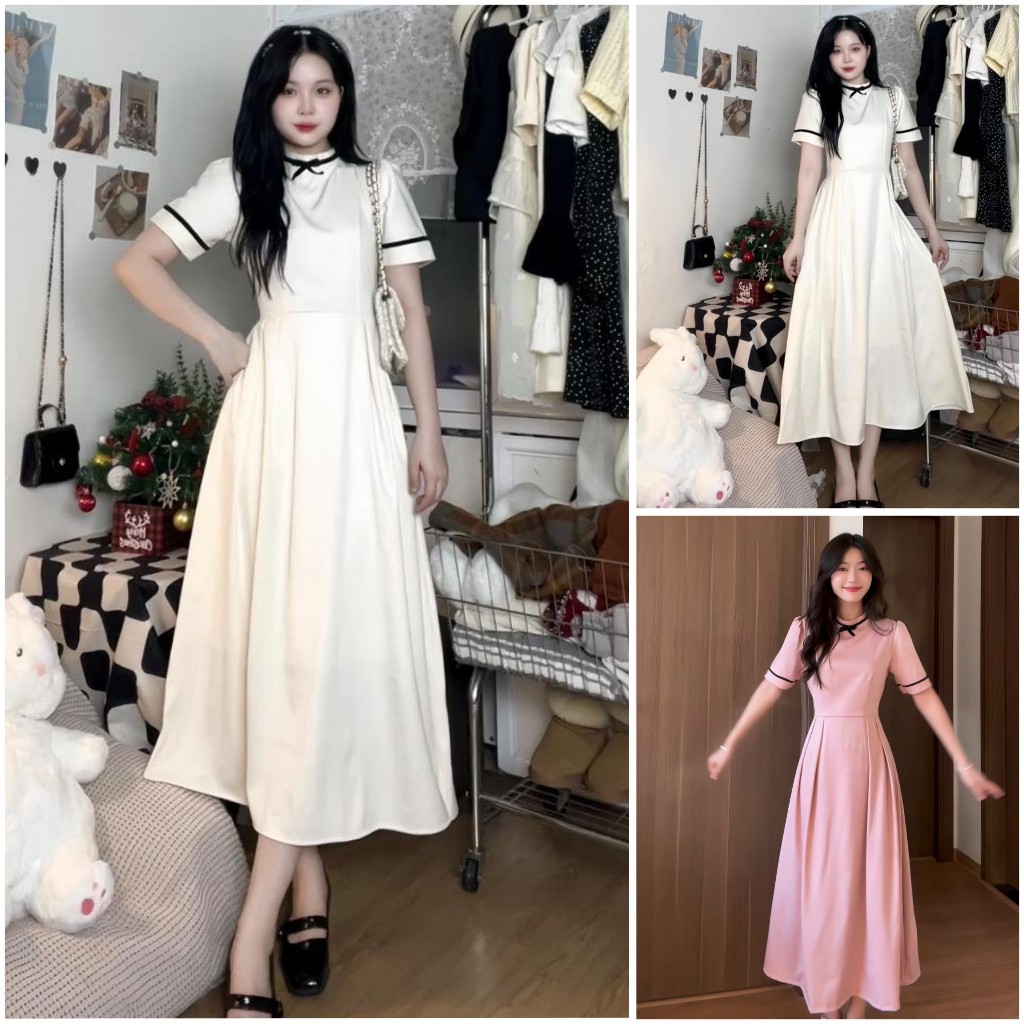 Đầm Dress Dáng Dài Phối Nơ Cổ Viền Tay Bồng Bềnh Tiểu Thư Sang Chảnh 3 Tone Màu Nhẹ Nhàng Dễ Thương Các Nàng Thơ