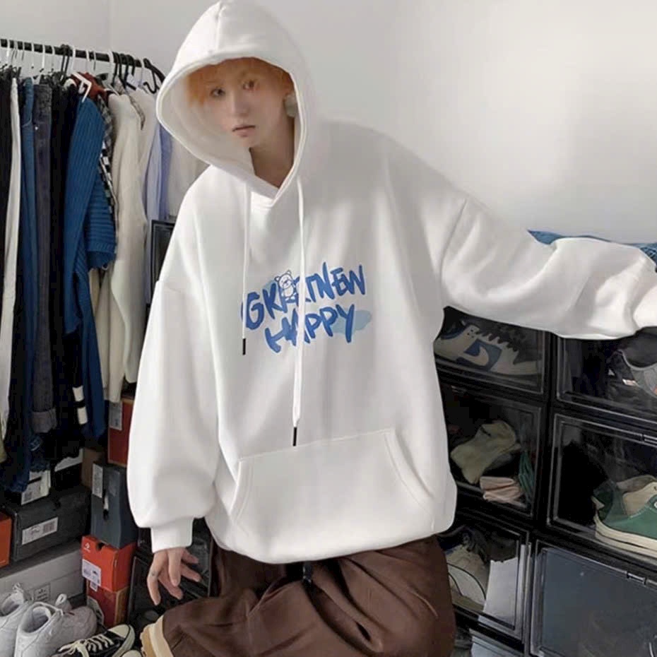 Áo khoác nam nữ Hoodie nỉ in chữ HAPPPY màu form rộng có mũ Ulzzang giá rẻ couple