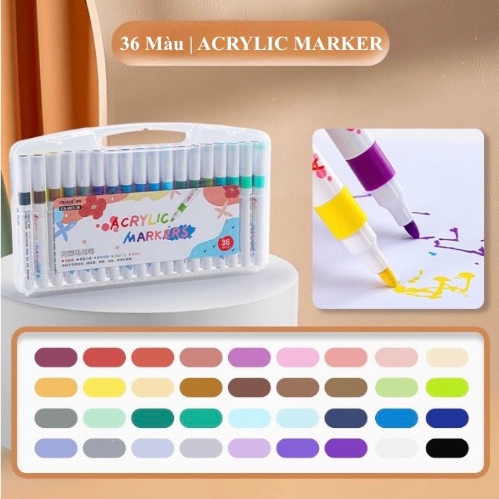 Bút Màu Acrylic Marker 12/24/36/48/60 Cao Cấp Màu Sắc Tươi Sáng, Vẽ Được Trên Mọi Chất Liệu