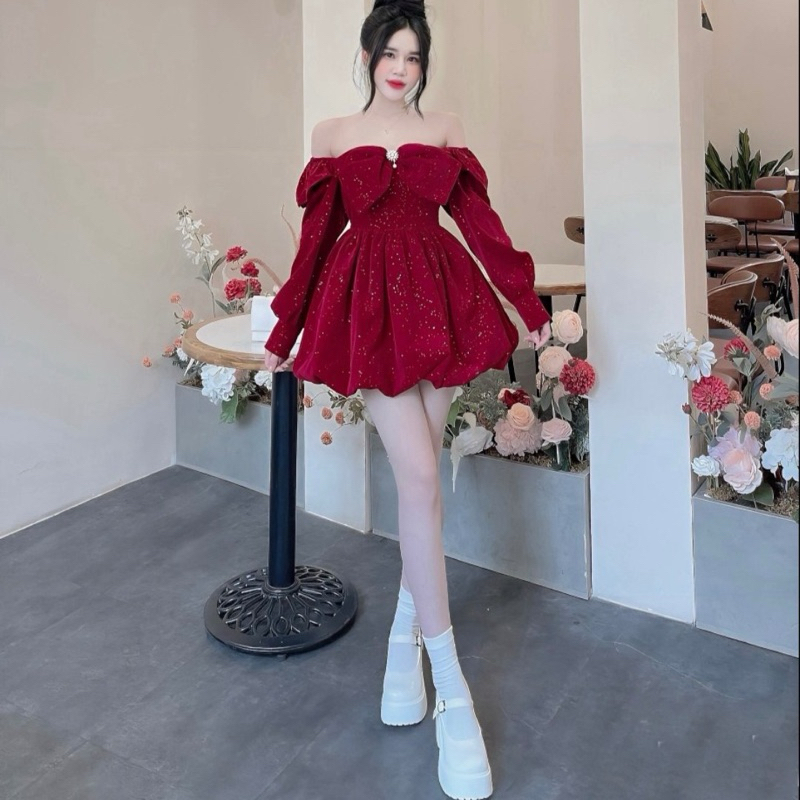 Váy nhung 3 tầng xòe nơ ngực