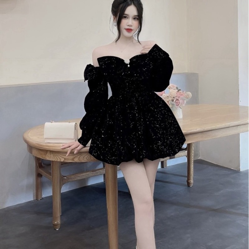 Váy nhung 3 tầng xòe nơ ngực