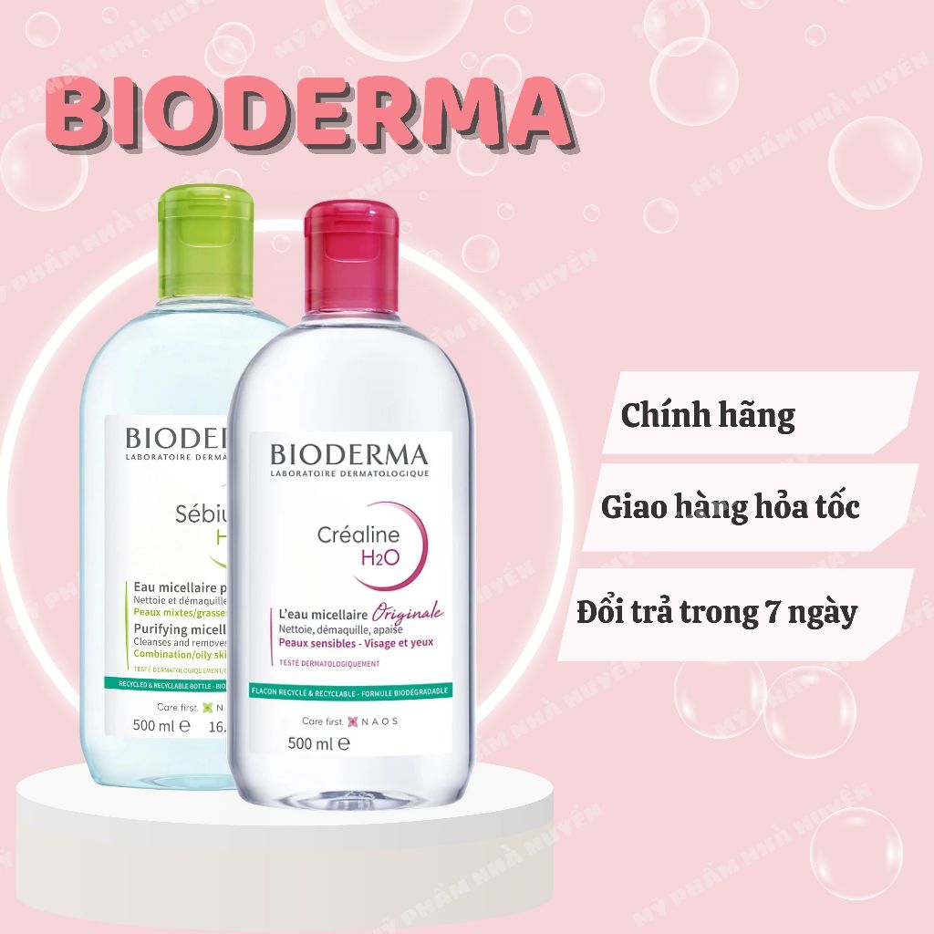 Nước Tẩy Trang Bioderma Crealine H2O Nắp Nhấn Xanh, Hồng 500ml, Tẩy Trang Quốc Dân Dành Cho Mọi Loại Da - Huyền cosmetic