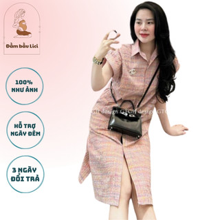 Đầm bầu công sở dáng suông, váy bầu công sở kẻ caro hồng tím