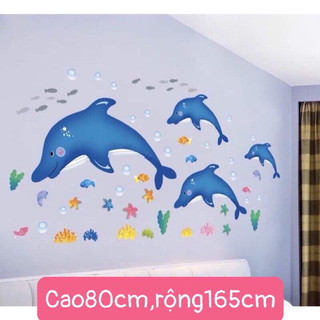 Decal dán tường trang trí dàn cá heo xanh