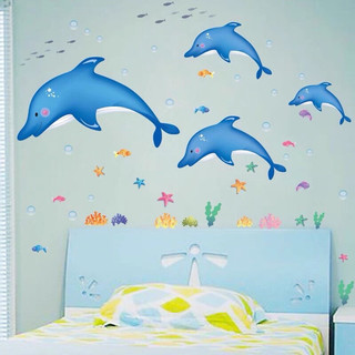 Decal dán tường trang trí dàn cá heo xanh