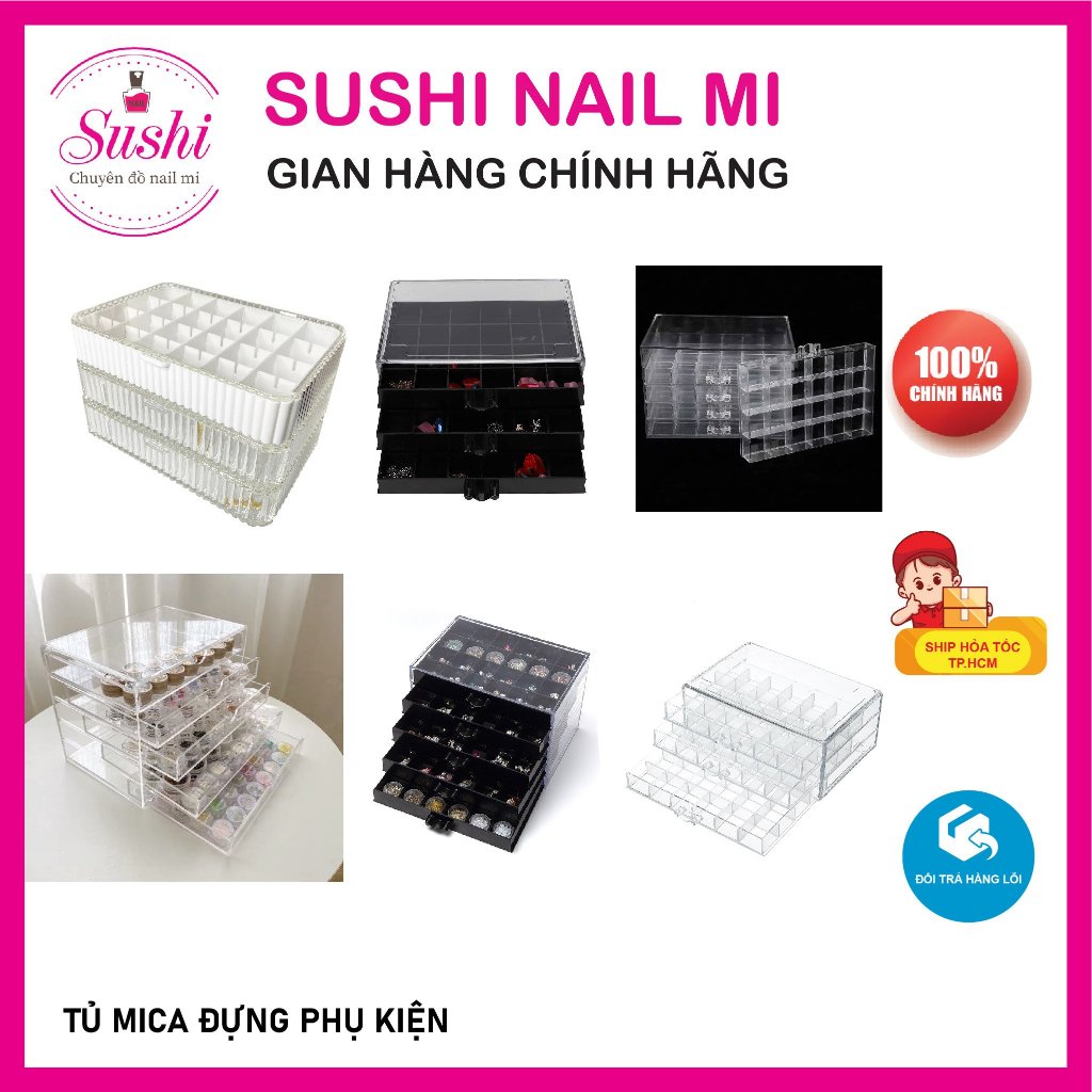 Tủ mica đựng charm đá 3 tầng, 5 tầng - khay đựng phụ kiện trang trí  - Sushi nail mi