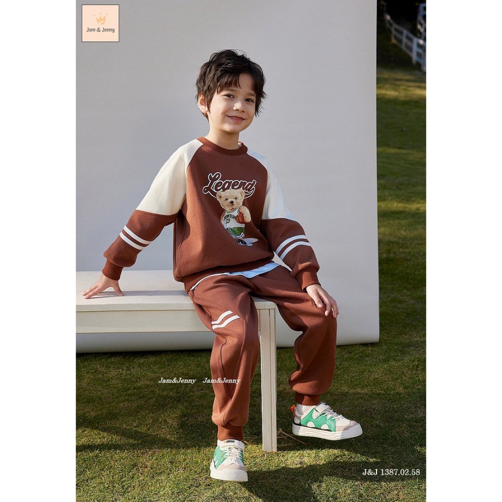 SP003648 Bộ thể thao bé trai lớn, set gấu nâu trẻ em phong cách, áo hoodie quần bo năng động, thời trang trẻ em có sẵn