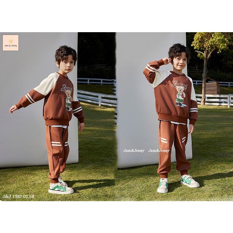 SP003648 Bộ thể thao bé trai lớn, set gấu nâu trẻ em phong cách, áo hoodie quần bo năng động, thời trang trẻ em có sẵn