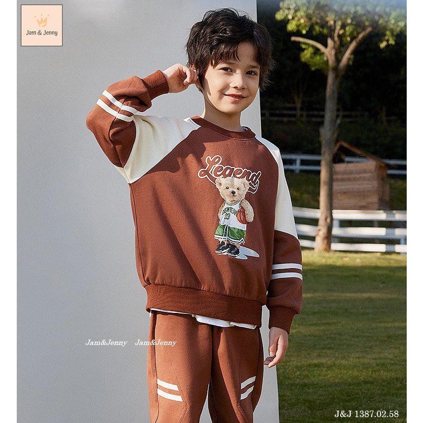 SP003648 Bộ thể thao bé trai lớn, set gấu nâu trẻ em phong cách, áo hoodie quần bo năng động, thời trang trẻ em có sẵn