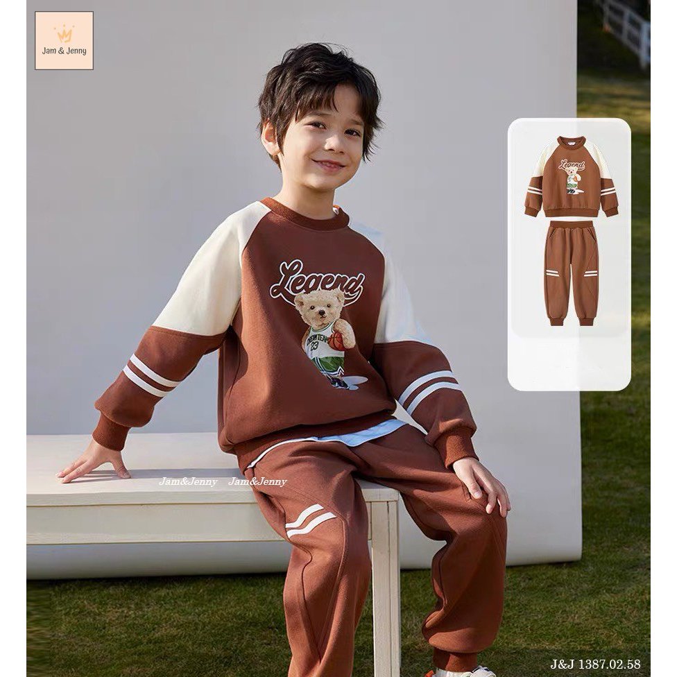 SP003648 Bộ thể thao bé trai lớn, set gấu nâu trẻ em phong cách, áo hoodie quần bo năng động, thời trang trẻ em có sẵn