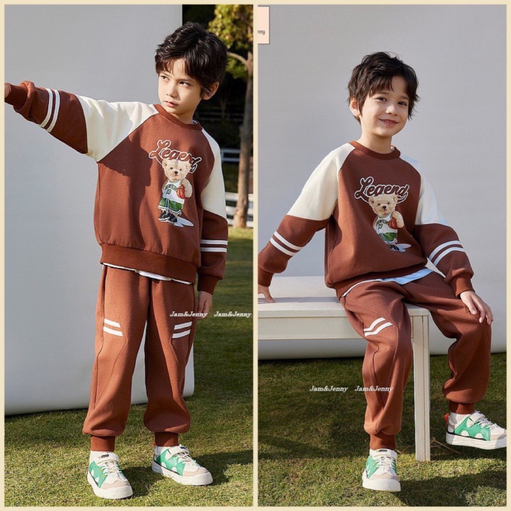 SP003648 Bộ thể thao bé trai lớn, set gấu nâu trẻ em phong cách, áo hoodie quần bo năng động, thời trang trẻ em có sẵn