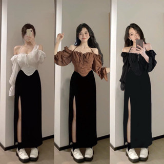 BIGSIZETIX Set áo croptop cúp ngực trễ vai tay dài phồng kèm chân váy midi xẻ đùi xinh xắn 50-90kg