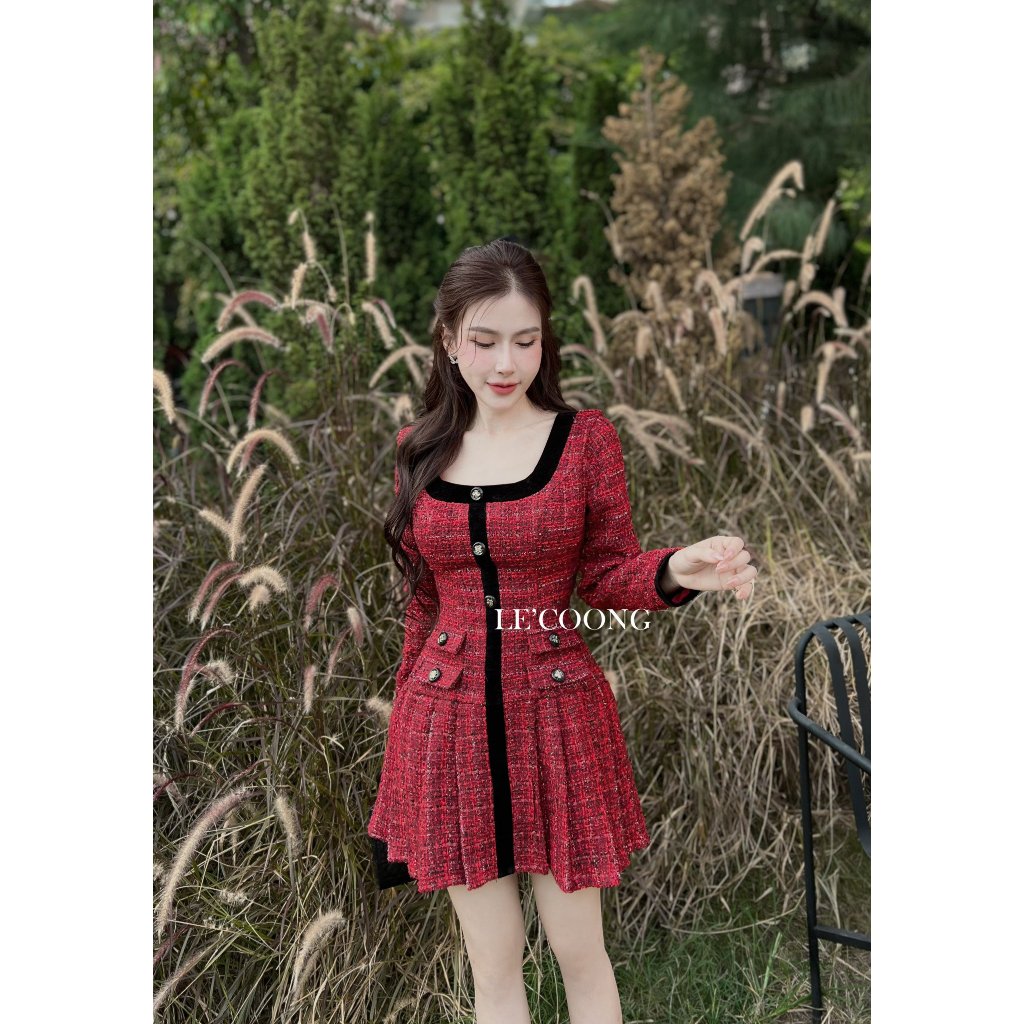 Đầm Dáng Ngắn Tiểu Thư LECOONG V506 Váy Sang Trọng Cổ Vuông