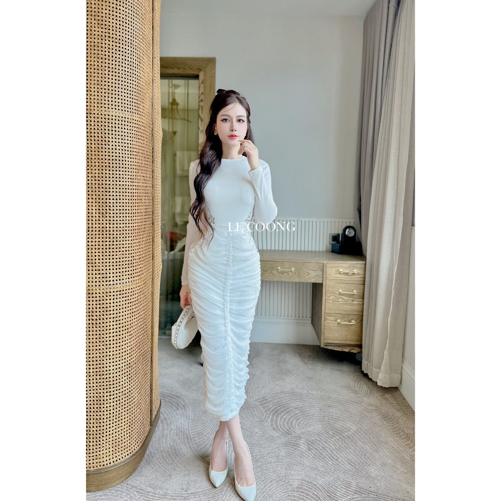 Váy Sang Trọng Dáng Dài Phối Cườm Eo LECOONG V507 Đầm Đẹp Tiểu Thư