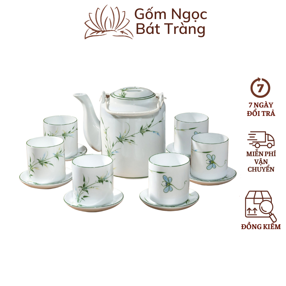 Bộ ấm tích ấm chén bình nước pha chè hãm chè quai đồng gốm sứ Bát Tràng 1.5 lít