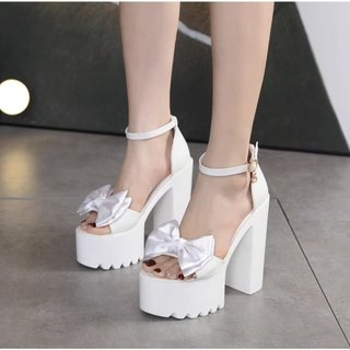 Sandal cao gót quai đính nơ 2 màu Trắng Đen cao 14p