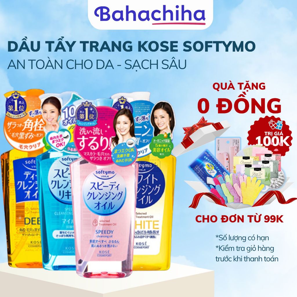 Dầu tẩy trang Kose Softymo Cleansing Oil 230ml dưỡng ẩm, làm sạch da, xóa bỏ lớp tẩy trang nhanh chóng - Bahachiha