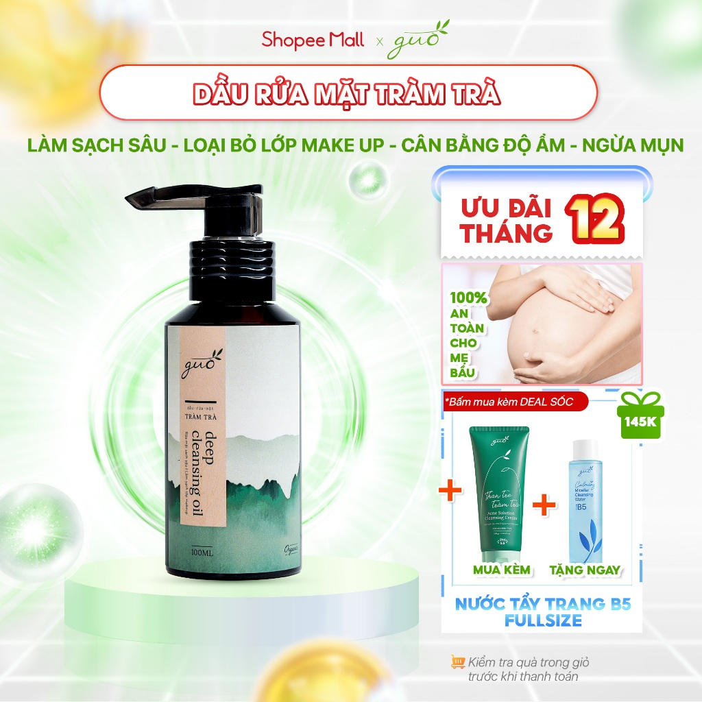 Dầu rửa mặt tẩy trang Tràm Trà cho bà bầu làm sạch 2 lần ngừa mụn đầu đen GUO 100ml [Không cồn, không dầu khoáng]