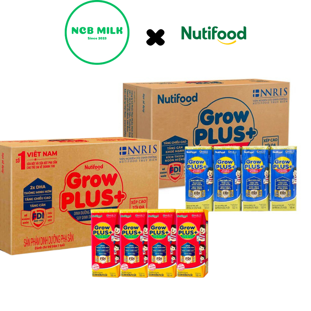 Sữa bột pha sẵn Grow Plus+ Nutifood Đỏ và Xanh 110ml, 180ml - Thùng 48 hộp có đường, ít đường