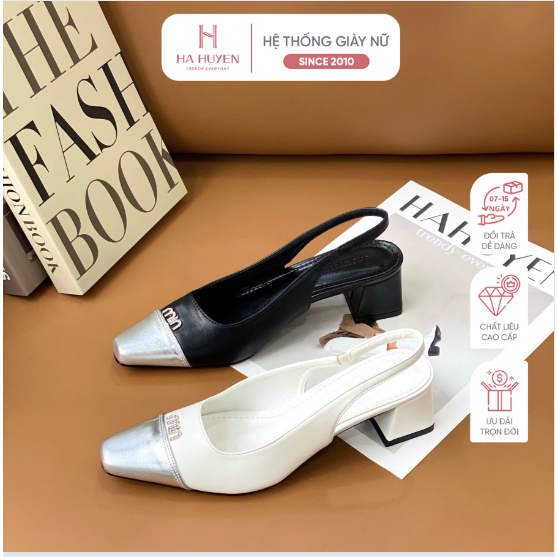 Cao Gót nữ Hà Huyền Shoes  mũi thon captoe bạc chữ miu đá quai hậu gót vuông CG1702