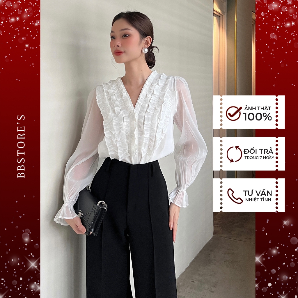 Áo Sơ Mi Tay Dài Cổ V Nhún Bèo BBSTORE'S -A2231