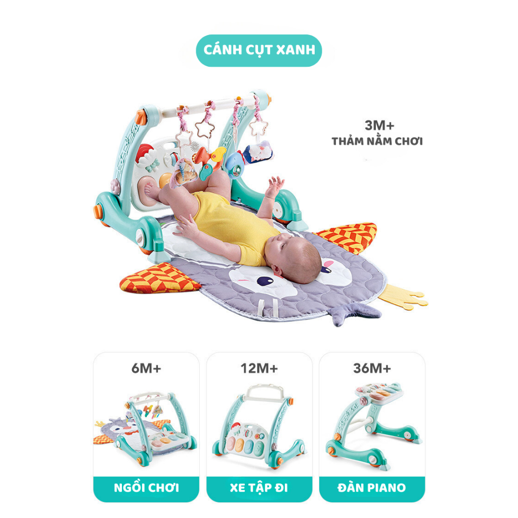 Thảm đạp nhạc, thảm nhạc đa năng kiêm xe tập đi 4in1 mẫu cánh cụt xanh cho bé 9BABY