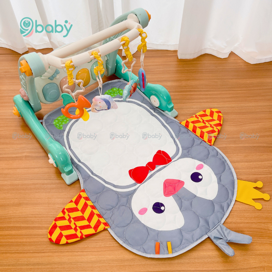 Thảm đạp nhạc, thảm nhạc đa năng kiêm xe tập đi 4in1 mẫu cánh cụt xanh cho bé 9BABY