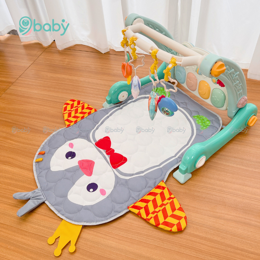 Thảm đạp nhạc, thảm nhạc đa năng kiêm xe tập đi 4in1 mẫu cánh cụt xanh cho bé 9BABY