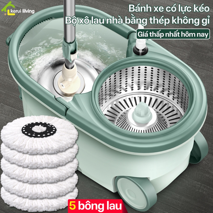 Bộ cây lau nhà xoay 360 độ AISHA - Bộ phận tạo chuyển độg 360 độ siêu bền -Lồng vắt inox dễ làm sạch