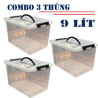 [COMBO 3 THÙNG] Thùng Nhựa 9000ml (9 lít) Trong Suốt Đựng Đồ Đa Năng có Quai Xách - Kích thước : 31cm-22cm-19cm