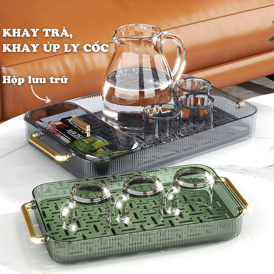Khay trà, khay úp ly cốc trong suốt 2 lớp kèm hộp lưu trữ đựng trà, cafe đa năng chất liệu nhựa acrylic cứng cáp