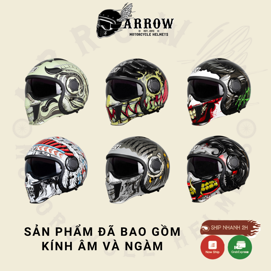 Mũ bảo hiểm 3/4 kèm kính âm và hàm Ego E-5 đi phượt Arrow