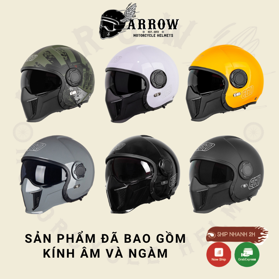 Mũ bảo hiểm 3/4 kèm kính âm và hàm Ego E-5 đi phượt Arrow