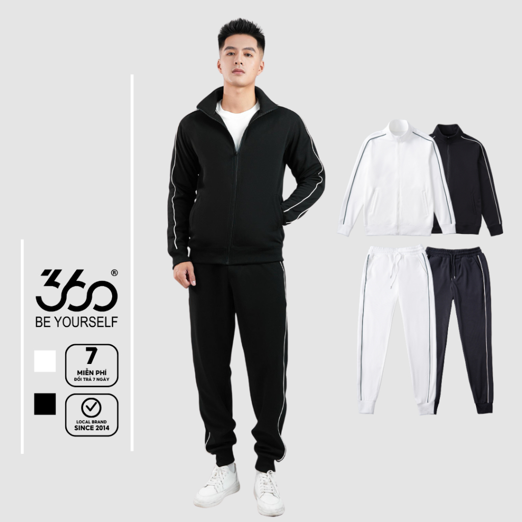 Bộ nỉ nam quần áo thể thao dài tay có cổ 360Boutique set unisex nam nữ đen trắng chất liệu texture giữ nhiệt - BNKOL430