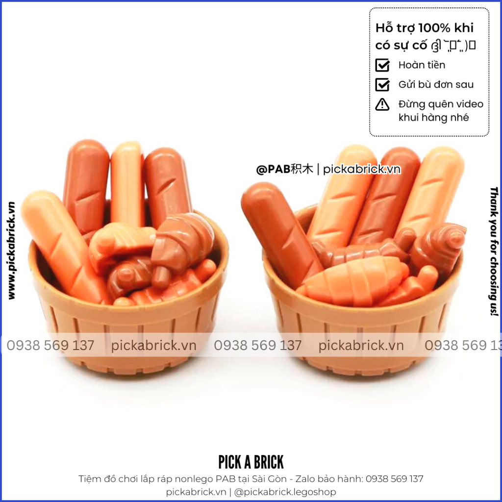 Bánh mì, hotdog xúc xích, bánh sừng trâu, bánh vòng xoắn, bánh kem - Phụ kiện minifigures gạch MOC part chợ Food Drinks