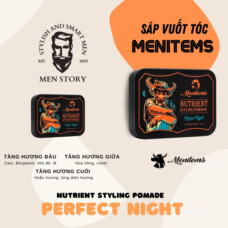 Sáp vuốt tóc Menitems, sáp vuốt tóc nam Pomade, giữ nếp, tạo kiểu lên đến 10H lưu hương lâu nước hoa Perfect Night