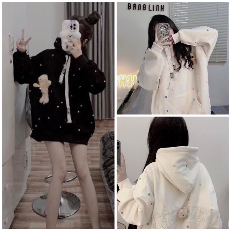 Áo Hoodie Nỉ Bông Thêu Chữ 13DE Kèm Gấu Siêu Dễ Thương🍀Áo Nỉ Họa Tiết Chấm Bi Hit Hot